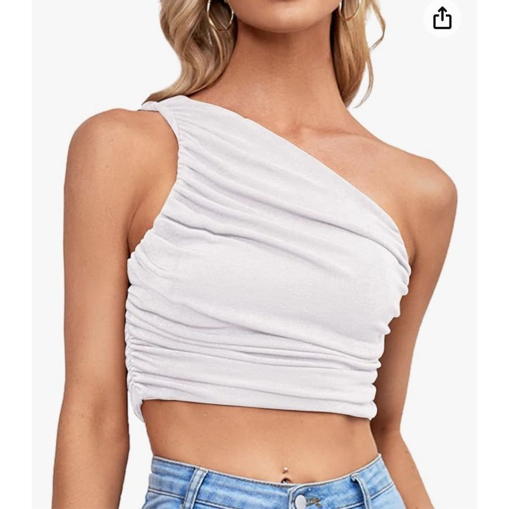 White Ruched One Shoulder Sleeveless Crop Top Strappy Cami Tank Size Medium